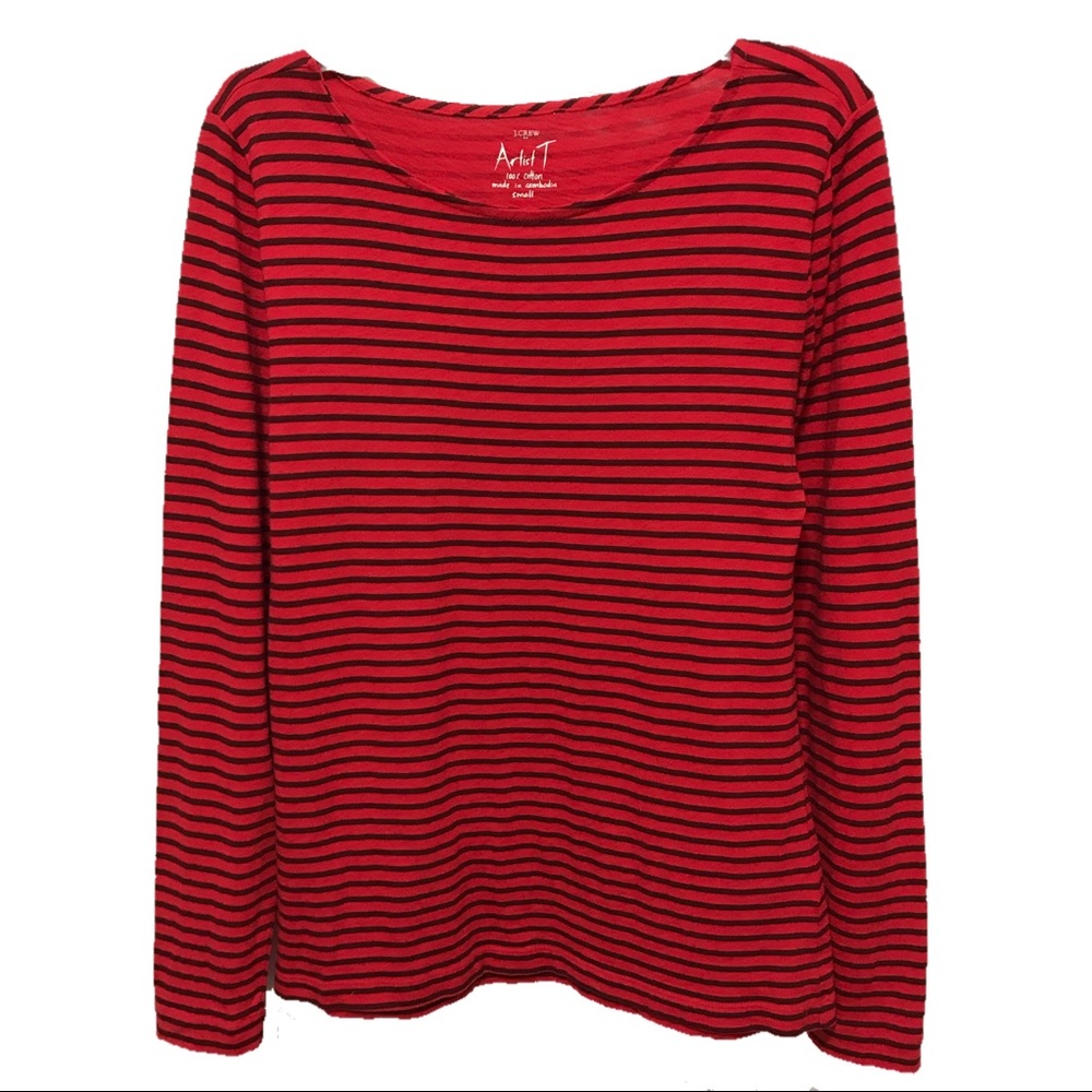J.Crew Factory Top S Red Stretch Artist Long Work Stripes
